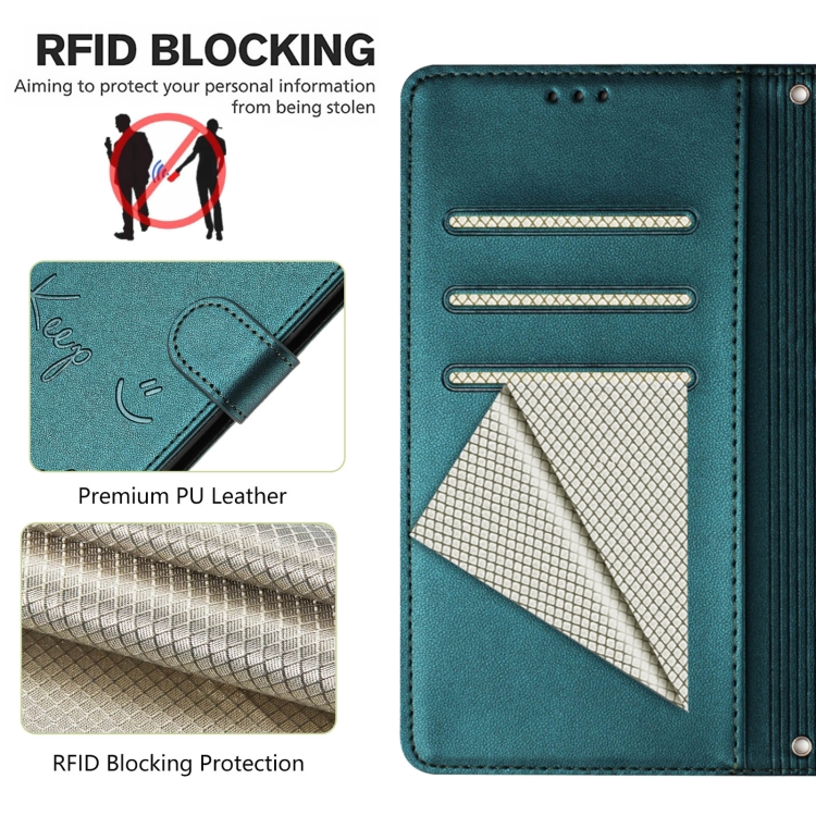 For Samsung Galaxy S22 5G Smile Embossing RFID Leather Phone Case(Peacock Green) For Samsung Galaxy S22 5G Smile Embossing RFID Leather Phone Case(Peacock Green)
