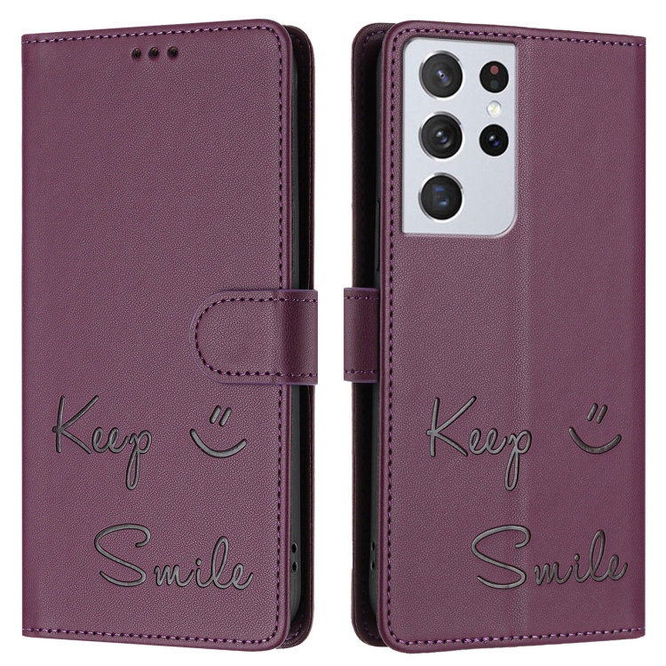 For Samsung Galaxy S21 Ultra 5G Smile Embossing RFID Leather Phone Case(Violet) For Samsung Galaxy S21 Ultra 5G Smile Embossing RFID Leather Phone Case(Violet)