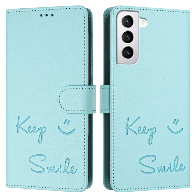 For Samsung Galaxy S21 5G Smile Embossing RFID Leather Phone Case(Mint Green) For Samsung Galaxy S21 5G Smile Embossing RFID Leather Phone Case(Mint Green)