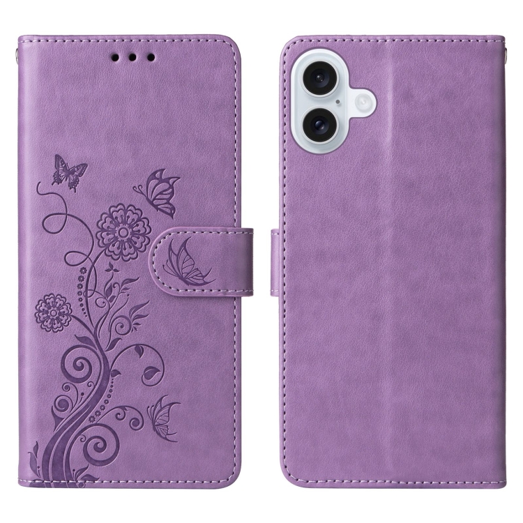 For iPhone 16 Plus Embossed Butterfly Flowers Leather Phone Case(Purple) For iPhone 16 Plus Embossed Butterfly Flowers Leather Phone Case(Purple)