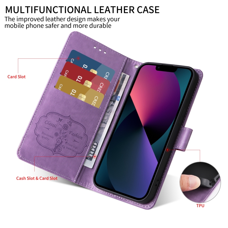 For iPhone 16 Plus Embossed Butterfly Flowers Leather Phone Case(Purple) For iPhone 16 Plus Embossed Butterfly Flowers Leather Phone Case(Purple)