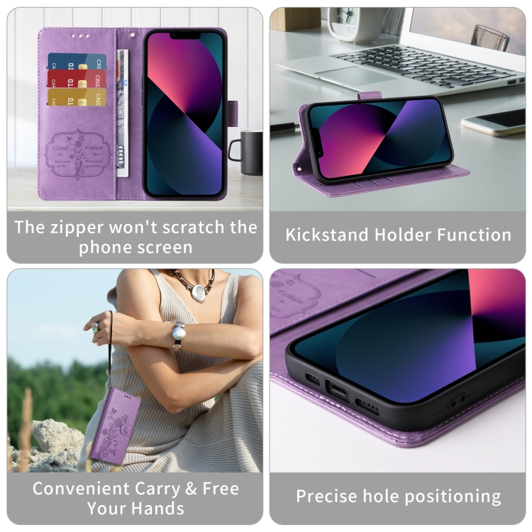 For iPhone 16 Plus Embossed Butterfly Flowers Leather Phone Case(Purple) For iPhone 16 Plus Embossed Butterfly Flowers Leather Phone Case(Purple)