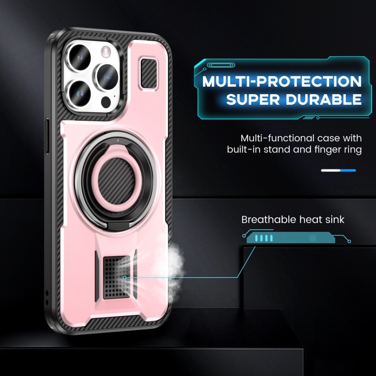 For iPhone 15 Pro Ring Holder Carbon Fiber PC Hybrid TPU Phone Case(Rose Gold) For iPhone 15 Pro Ring Holder Carbon Fiber PC Hybrid TPU Phone Case(Rose Gold)
