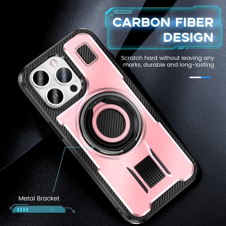 For iPhone 15 Pro Ring Holder Carbon Fiber PC Hybrid TPU Phone Case(Rose Gold) For iPhone 15 Pro Ring Holder Carbon Fiber PC Hybrid TPU Phone Case(Rose Gold)