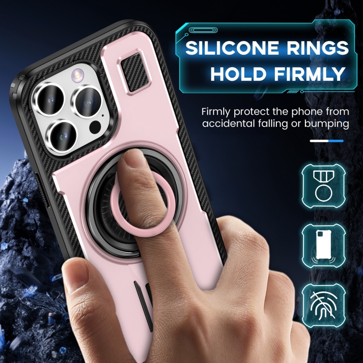For iPhone 15 Pro Ring Holder Carbon Fiber PC Hybrid TPU Phone Case(Rose Gold) For iPhone 15 Pro Ring Holder Carbon Fiber PC Hybrid TPU Phone Case(Rose Gold)