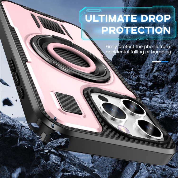 For iPhone 15 Pro Ring Holder Carbon Fiber PC Hybrid TPU Phone Case(Rose Gold) For iPhone 15 Pro Ring Holder Carbon Fiber PC Hybrid TPU Phone Case(Rose Gold)