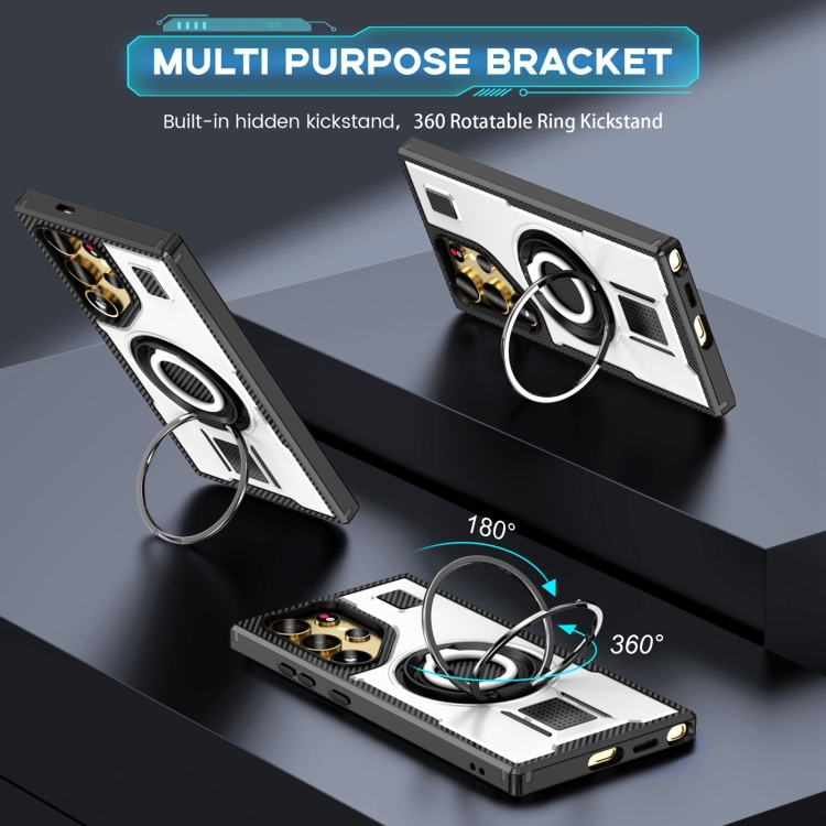 For Samsung Galaxy S25 Ultra 5G Ring Holder Carbon Fiber PC Hybrid TPU Phone Case(White) For Samsung Galaxy S25 Ultra 5G Ring Holder Carbon Fiber PC Hybrid TPU Phone Case(White)