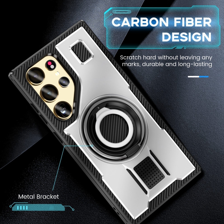 For Samsung Galaxy S25 Ultra 5G Ring Holder Carbon Fiber PC Hybrid TPU Phone Case(White) For Samsung Galaxy S25 Ultra 5G Ring Holder Carbon Fiber PC Hybrid TPU Phone Case(White)