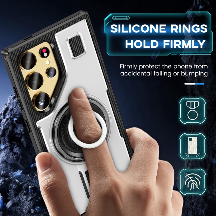 For Samsung Galaxy S25 Ultra 5G Ring Holder Carbon Fiber PC Hybrid TPU Phone Case(White) For Samsung Galaxy S25 Ultra 5G Ring Holder Carbon Fiber PC Hybrid TPU Phone Case(White)