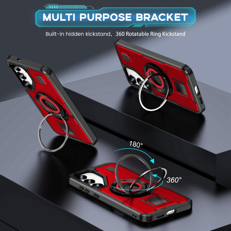 For Samsung Galaxy S25+ 5G Ring Holder Carbon Fiber PC Hybrid TPU Phone Case(Red)