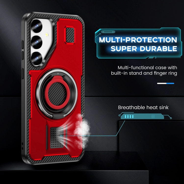 For Samsung Galaxy S25+ 5G Ring Holder Carbon Fiber PC Hybrid TPU Phone Case(Red)