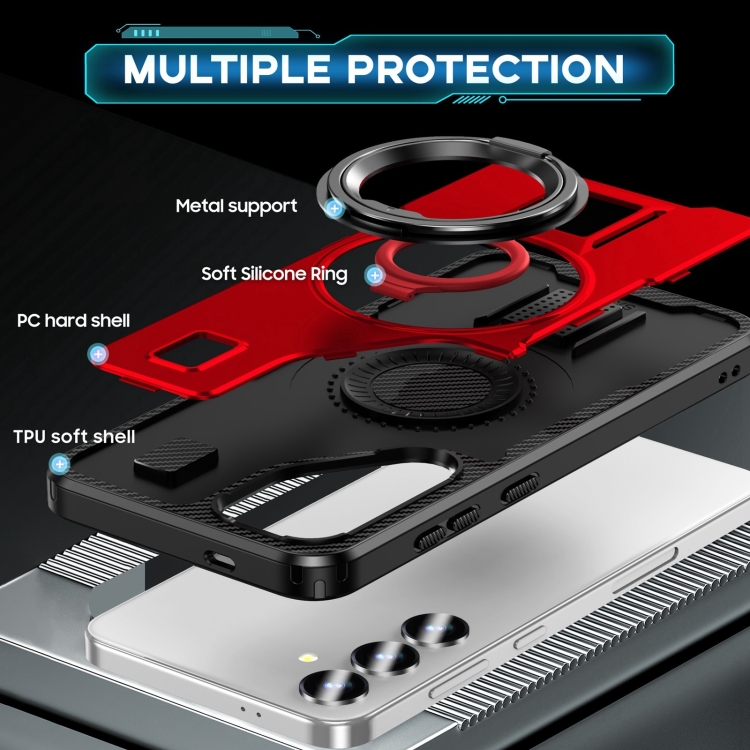For Samsung Galaxy S25+ 5G Ring Holder Carbon Fiber PC Hybrid TPU Phone Case(Red)