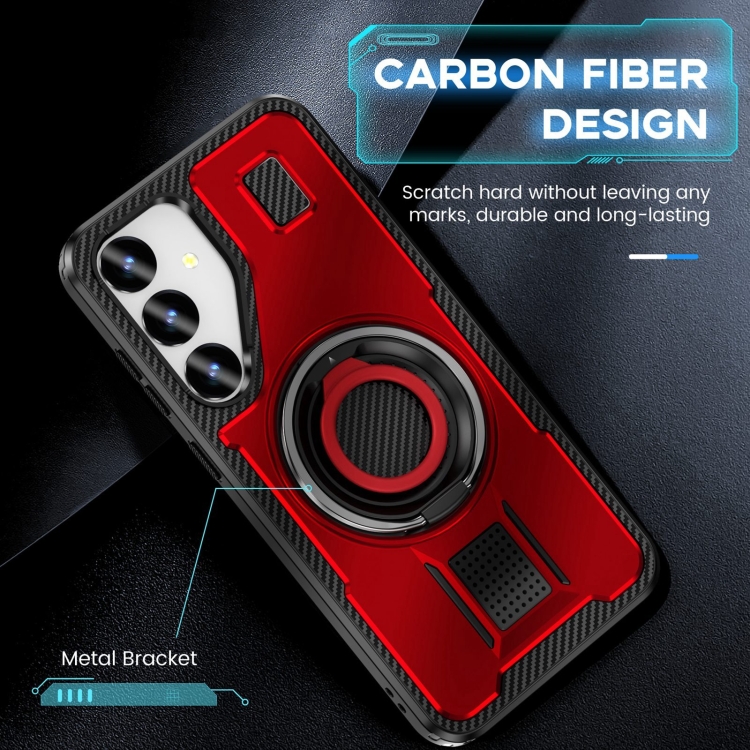 For Samsung Galaxy S25+ 5G Ring Holder Carbon Fiber PC Hybrid TPU Phone Case(Red)
