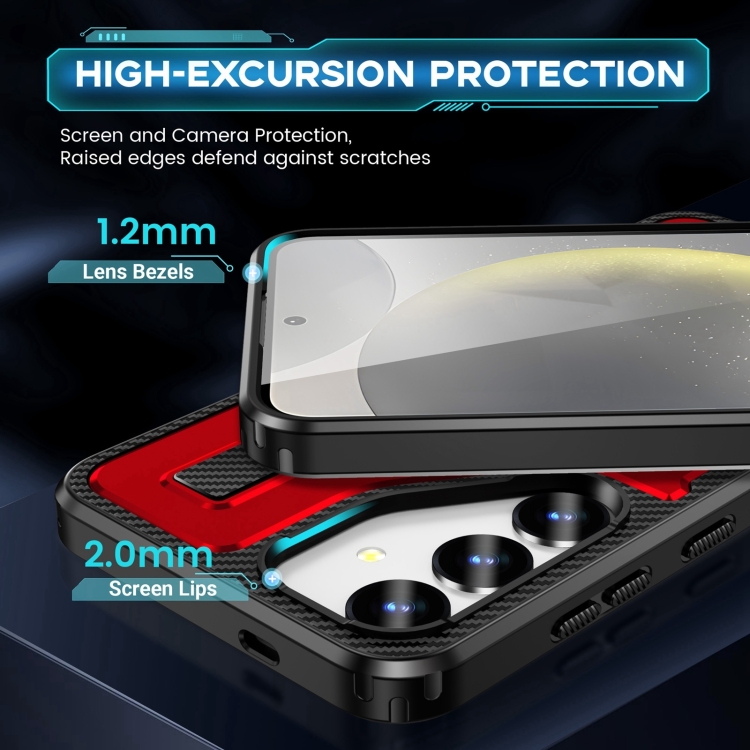 For Samsung Galaxy S25+ 5G Ring Holder Carbon Fiber PC Hybrid TPU Phone Case(Red)
