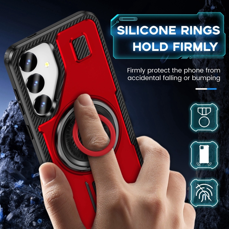 For Samsung Galaxy S25+ 5G Ring Holder Carbon Fiber PC Hybrid TPU Phone Case(Red)