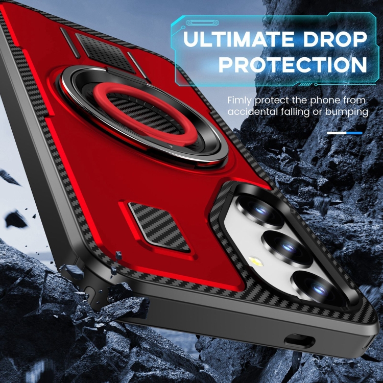 For Samsung Galaxy S25+ 5G Ring Holder Carbon Fiber PC Hybrid TPU Phone Case(Red)