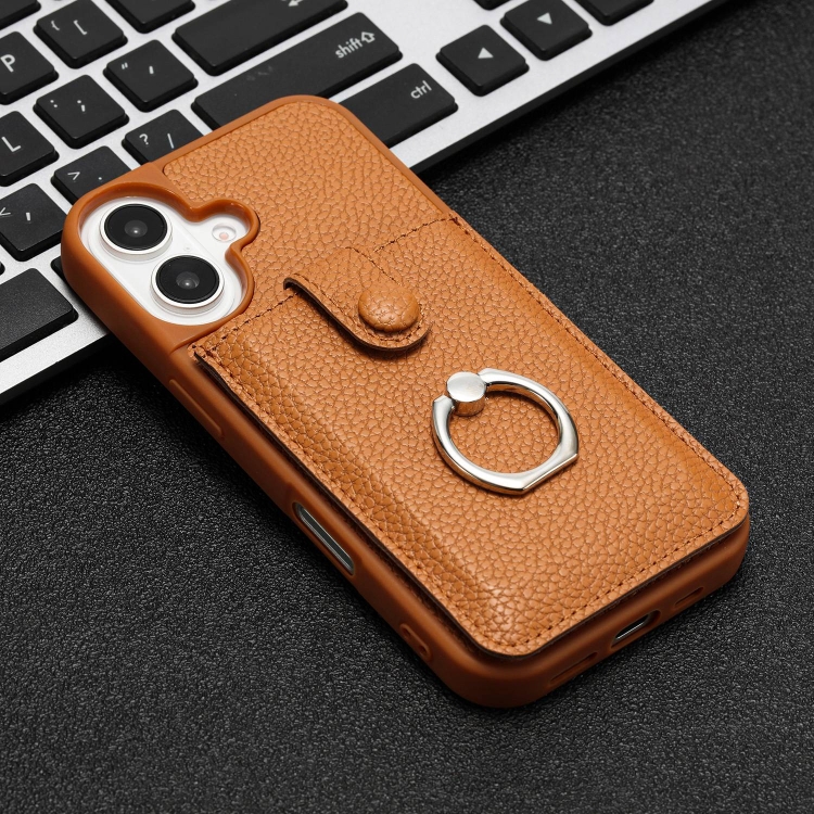 For iPhone 16 Litchi Texture Drawing Card Bag Ring Holder Phone Case(Brown) For iPhone 16 Litchi Texture Drawing Card Bag Ring Holder Phone Case(Brown)