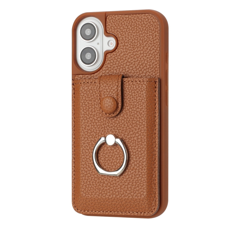 For iPhone 16 Litchi Texture Drawing Card Bag Ring Holder Phone Case(Brown) For iPhone 16 Litchi Texture Drawing Card Bag Ring Holder Phone Case(Brown)