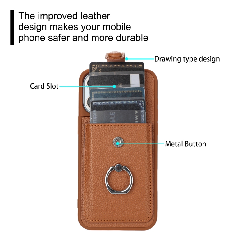 For iPhone 16 Litchi Texture Drawing Card Bag Ring Holder Phone Case(Brown) For iPhone 16 Litchi Texture Drawing Card Bag Ring Holder Phone Case(Brown)