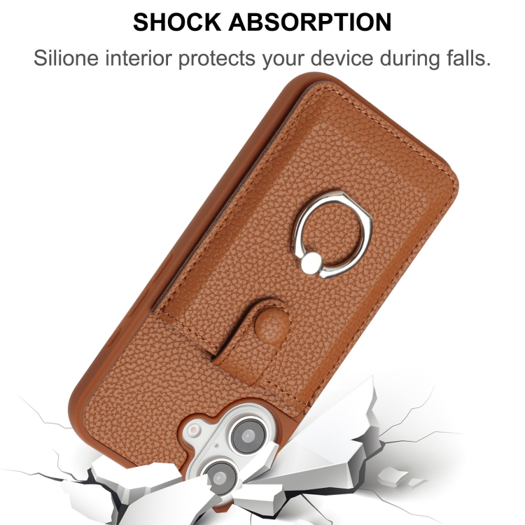 For iPhone 16 Litchi Texture Drawing Card Bag Ring Holder Phone Case(Brown) For iPhone 16 Litchi Texture Drawing Card Bag Ring Holder Phone Case(Brown)