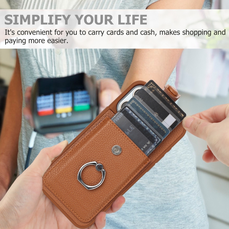 For iPhone 16 Litchi Texture Drawing Card Bag Ring Holder Phone Case(Brown) For iPhone 16 Litchi Texture Drawing Card Bag Ring Holder Phone Case(Brown)