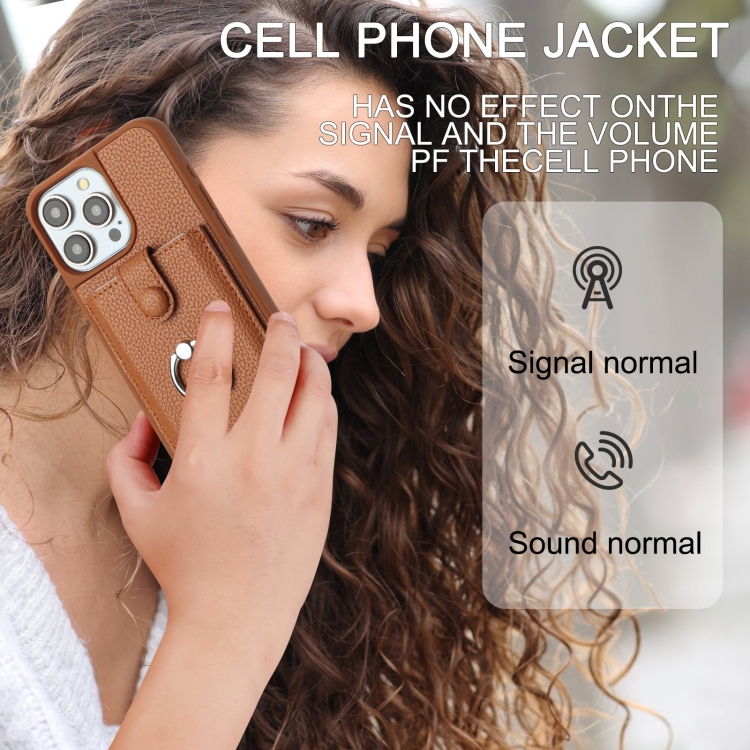 For iPhone 16 Litchi Texture Drawing Card Bag Ring Holder Phone Case(Brown) For iPhone 16 Litchi Texture Drawing Card Bag Ring Holder Phone Case(Brown)