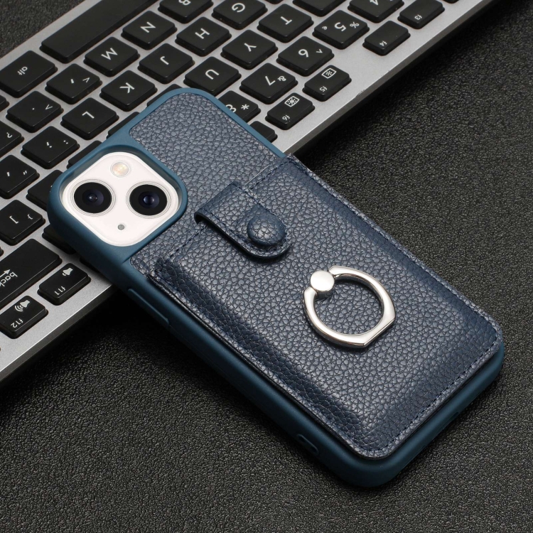 For iPhone 14 / 13 Litchi Texture Drawing Card Bag Ring Holder Phone Case(Blue) For iPhone 14 / 13 Litchi Texture Drawing Card Bag Ring Holder Phone Case(Blue)