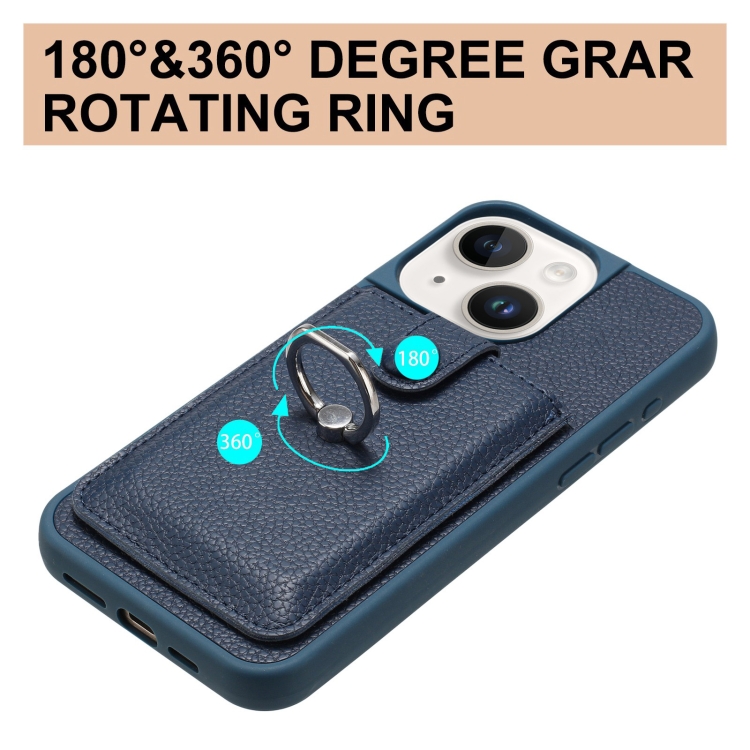 For iPhone 14 / 13 Litchi Texture Drawing Card Bag Ring Holder Phone Case(Blue) For iPhone 14 / 13 Litchi Texture Drawing Card Bag Ring Holder Phone Case(Blue)