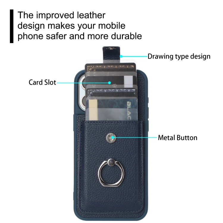For iPhone 14 / 13 Litchi Texture Drawing Card Bag Ring Holder Phone Case(Blue) For iPhone 14 / 13 Litchi Texture Drawing Card Bag Ring Holder Phone Case(Blue)