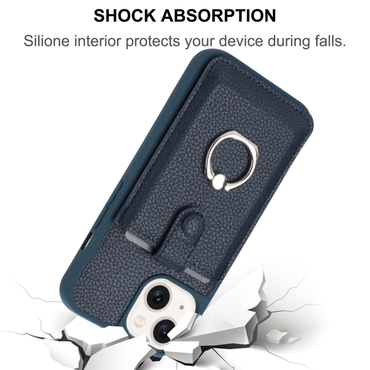 For iPhone 14 / 13 Litchi Texture Drawing Card Bag Ring Holder Phone Case(Blue) For iPhone 14 / 13 Litchi Texture Drawing Card Bag Ring Holder Phone Case(Blue)