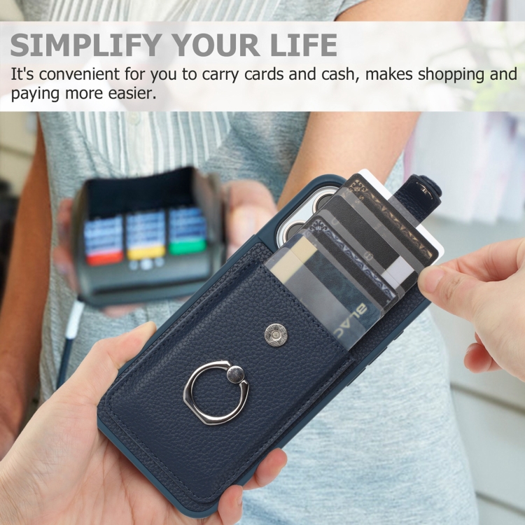 For iPhone 14 / 13 Litchi Texture Drawing Card Bag Ring Holder Phone Case(Blue) For iPhone 14 / 13 Litchi Texture Drawing Card Bag Ring Holder Phone Case(Blue)
