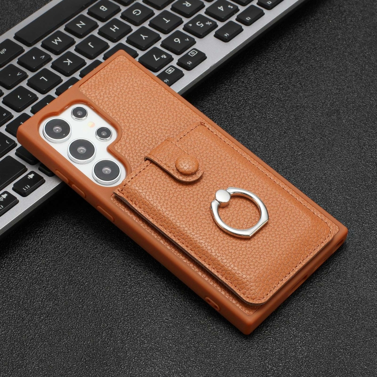For Samsung Galaxy S24 Ultra 5G Litchi Texture Drawing Card Bag Ring Holder Phone Case(Brown) For Samsung Galaxy S24 Ultra 5G Litchi Texture Drawing Card Bag Ring Holder Phone Case(Brown)