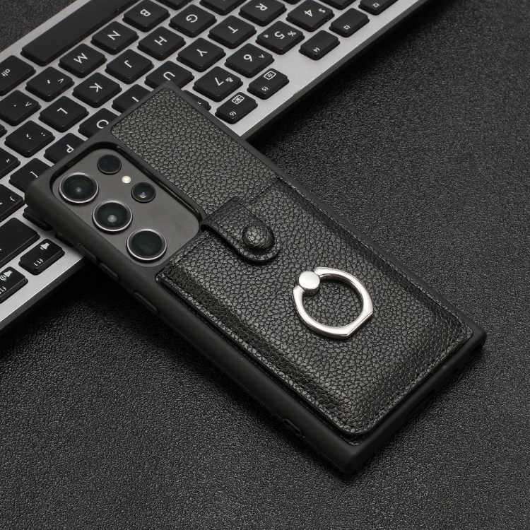 For Samsung Galaxy S23 Ultra 5G Litchi Texture Drawing Card Bag Ring Holder Phone Case(Black) For Samsung Galaxy S23 Ultra 5G Litchi Texture Drawing Card Bag Ring Holder Phone Case(Black)