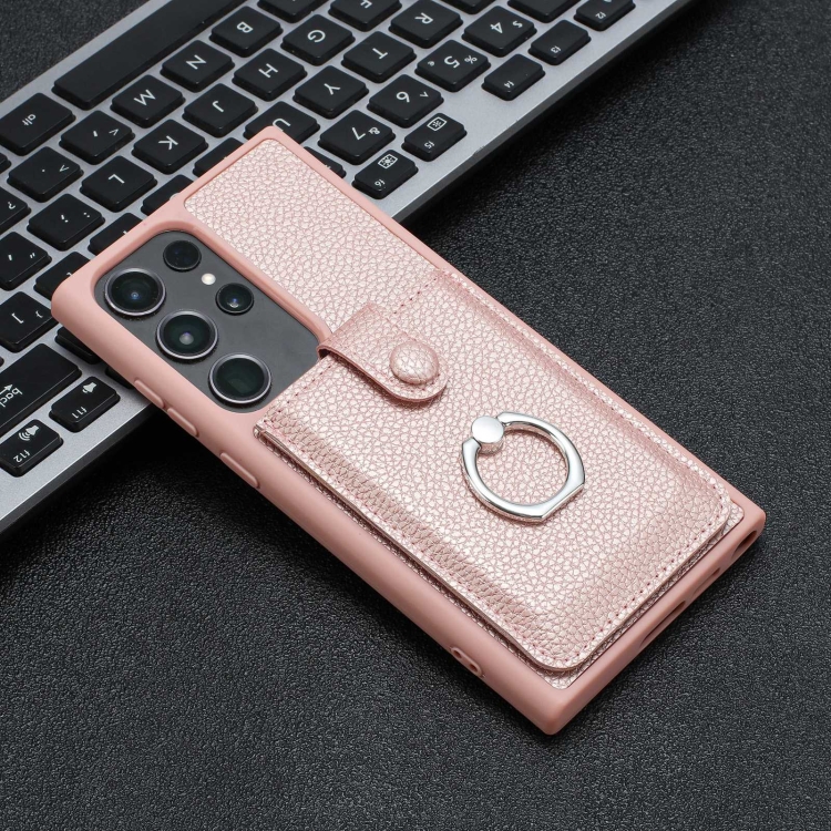 For Samsung Galaxy S22 Ultra 5G Litchi Texture Drawing Card Bag Ring Holder Phone Case(Rose Gold) For Samsung Galaxy S22 Ultra 5G Litchi Texture Drawing Card Bag Ring Holder Phone Case(Rose Gold)