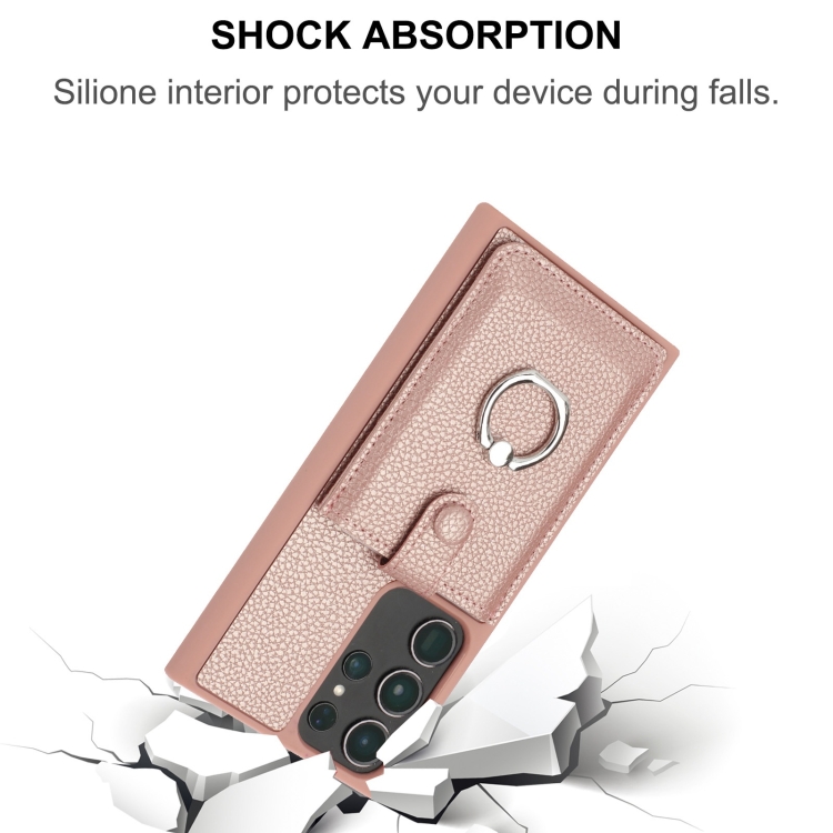 For Samsung Galaxy S22 Ultra 5G Litchi Texture Drawing Card Bag Ring Holder Phone Case(Rose Gold) For Samsung Galaxy S22 Ultra 5G Litchi Texture Drawing Card Bag Ring Holder Phone Case(Rose Gold)