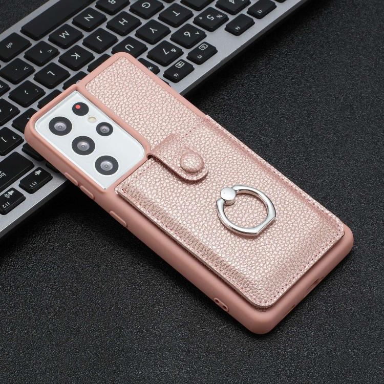 For Samsung Galaxy S21 Ultra 5G Litchi Texture Drawing Card Bag Ring Holder Phone Case(Rose Gold) For Samsung Galaxy S21 Ultra 5G Litchi Texture Drawing Card Bag Ring Holder Phone Case(Rose Gold)
