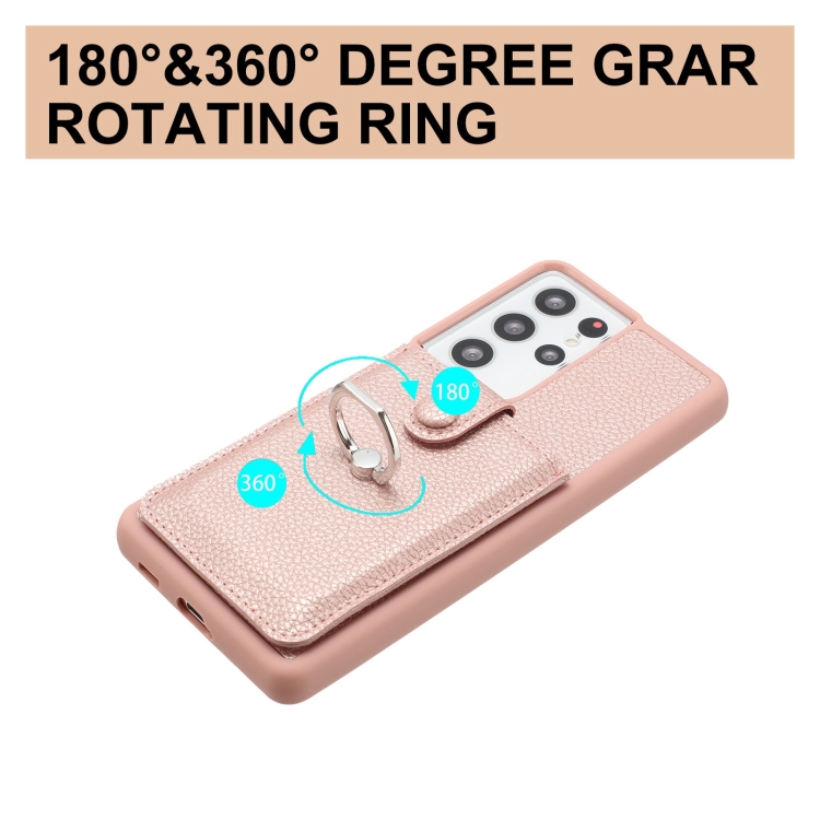 For Samsung Galaxy S21 Ultra 5G Litchi Texture Drawing Card Bag Ring Holder Phone Case(Rose Gold) For Samsung Galaxy S21 Ultra 5G Litchi Texture Drawing Card Bag Ring Holder Phone Case(Rose Gold)