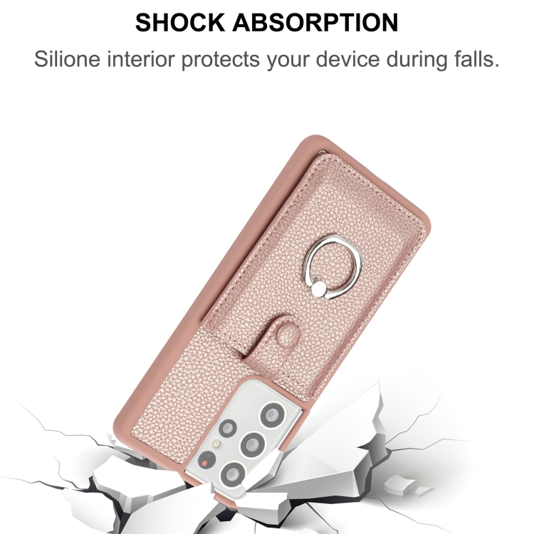 For Samsung Galaxy S21 Ultra 5G Litchi Texture Drawing Card Bag Ring Holder Phone Case(Rose Gold) For Samsung Galaxy S21 Ultra 5G Litchi Texture Drawing Card Bag Ring Holder Phone Case(Rose Gold)