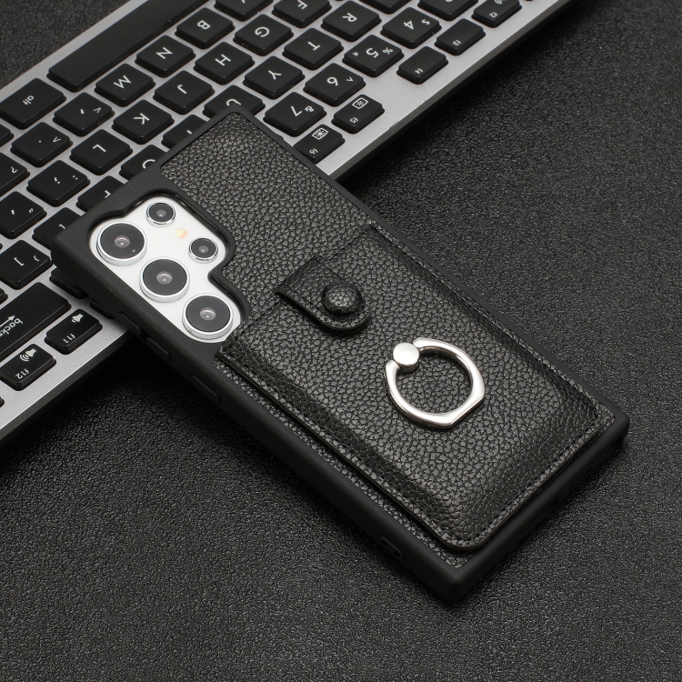 For Samsung Galaxy S25 Ultra 5G Litchi Texture Drawing Card Bag Ring Holder Phone Case(Black) For Samsung Galaxy S25 Ultra 5G Litchi Texture Drawing Card Bag Ring Holder Phone Case(Black)