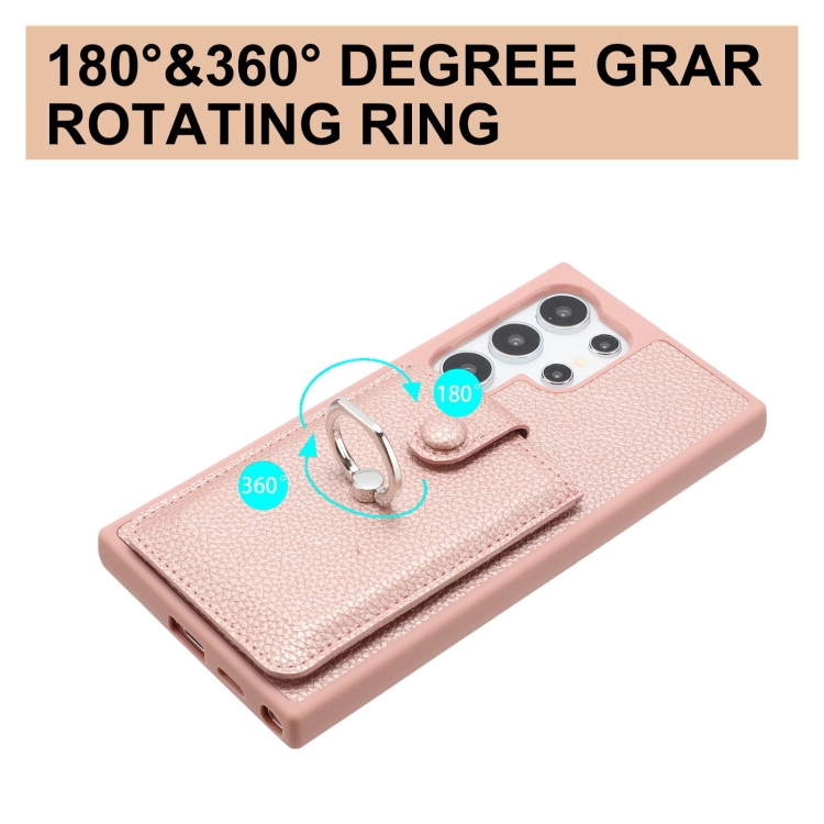 For Samsung Galaxy S25 Ultra 5G Litchi Texture Drawing Card Bag Ring Holder Phone Case(Black) For Samsung Galaxy S25 Ultra 5G Litchi Texture Drawing Card Bag Ring Holder Phone Case(Black)