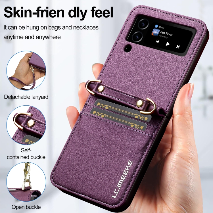 For Samsung Galaxy Z Flip4 5G LC.IMEEKE L1 Series Frosted Fine Texture PU Phone Case with Lanyard(Purple) For Samsung Galaxy Z Flip4 5G LC.IMEEKE L1 Series Frosted Fine Texture PU Phone Case with Lanyard(Purple)