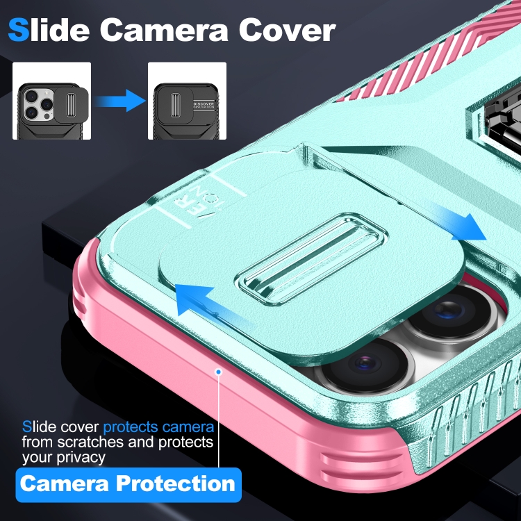 For iPhone 16 Pro Sliding Camshield Holder Phone Case(Grey Green + Pink)