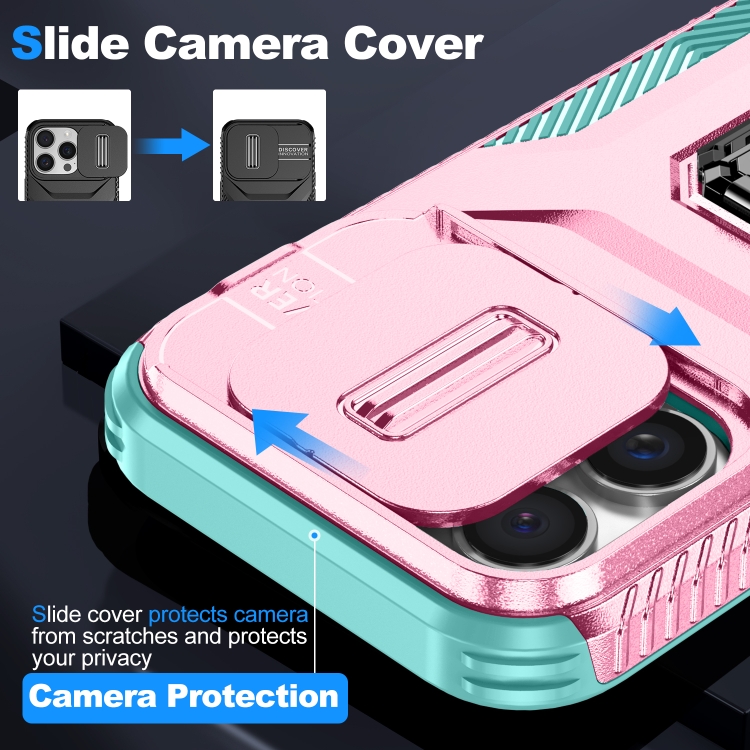 For iPhone 16 Pro Max Sliding Camshield Holder Phone Case(Pink + Grey Green)