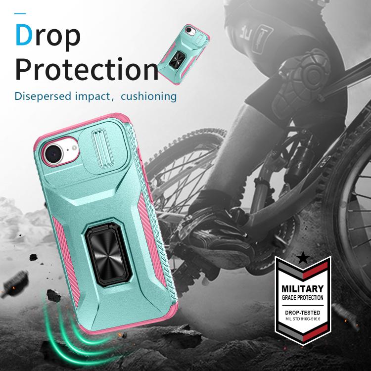 For iPhone 16e Sliding Camshield Holder Phone Case(Pink + Grey Green)