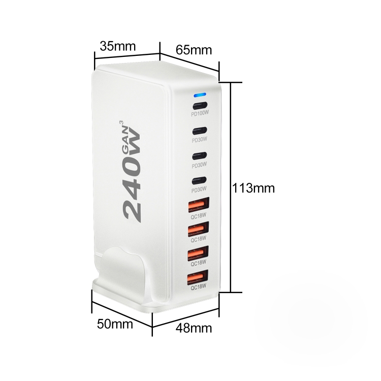 YMS-858 GaN 240W USB x 4, USB-C / Type-C x 4 Fast Charger, Plug Type:US Plug(White)
