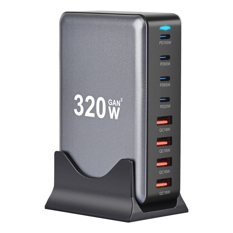 YMX-320W GaN 320W USB x 4, USB-C / Type-C x 4 Fast Charger, Plug Type:US Plug(Grey)