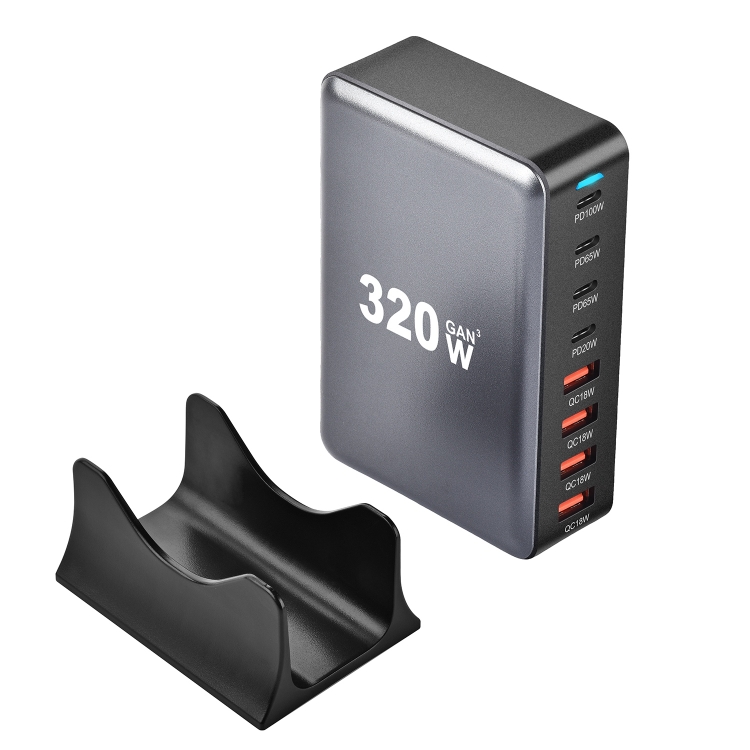 YMX-320W GaN 320W USB x 4, USB-C / Type-C x 4 Fast Charger, Plug Type:US Plug(Grey)