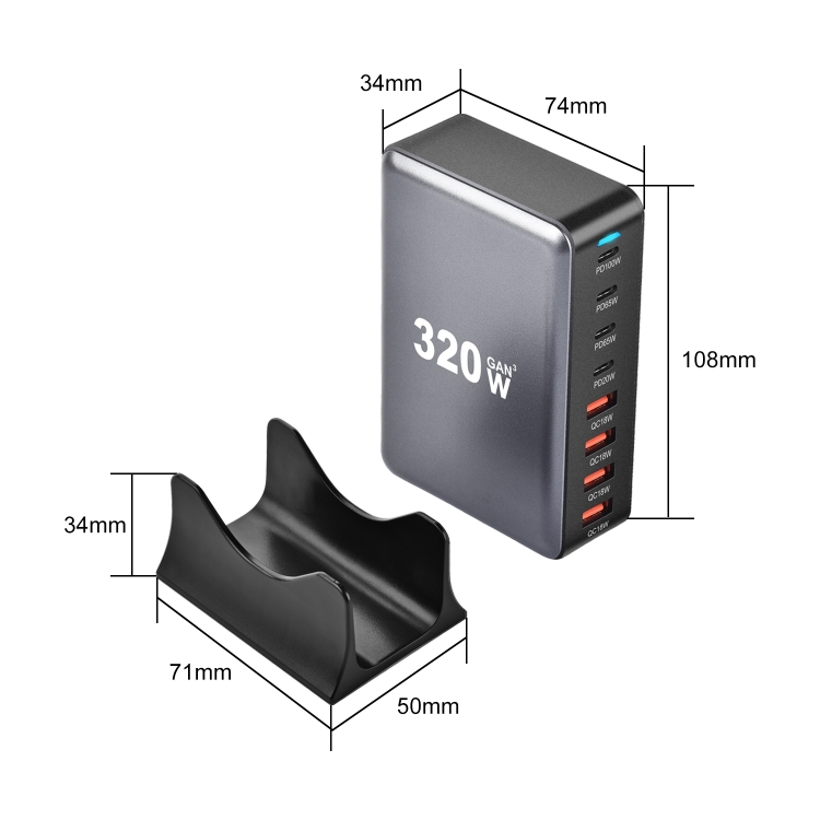 YMX-320W GaN 320W USB x 4, USB-C / Type-C x 4 Fast Charger, Plug Type:US Plug(Grey)