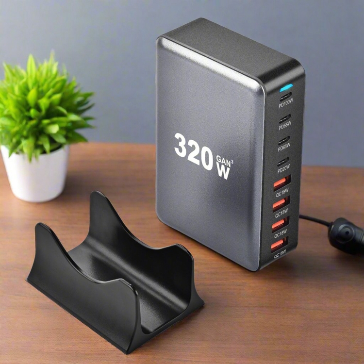 YMX-320W GaN 320W USB x 4, USB-C / Type-C x 4 Fast Charger, Plug Type:US Plug(Grey)