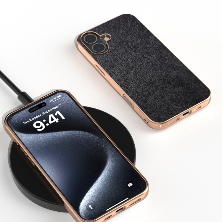 For iPhone 16 Nano Electroplating Dual Color Lichi Texture PU Phone Case(Black) For iPhone 16 Nano Electroplating Dual Color Lichi Texture PU Phone Case(Black)